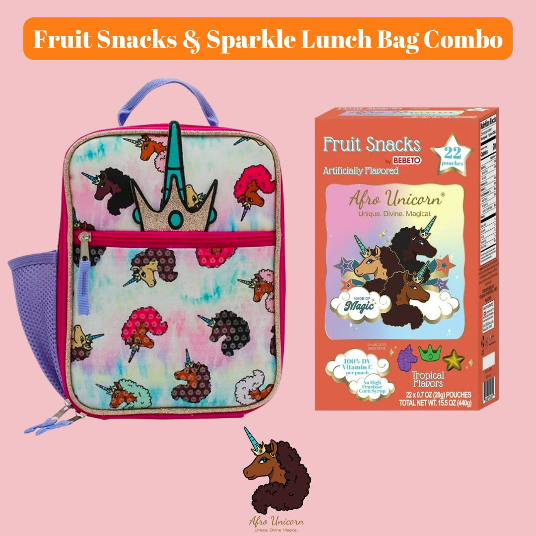 Afro Unicorn Fruit Snacks & Sparkle Lunch Bag Combo Delight Students