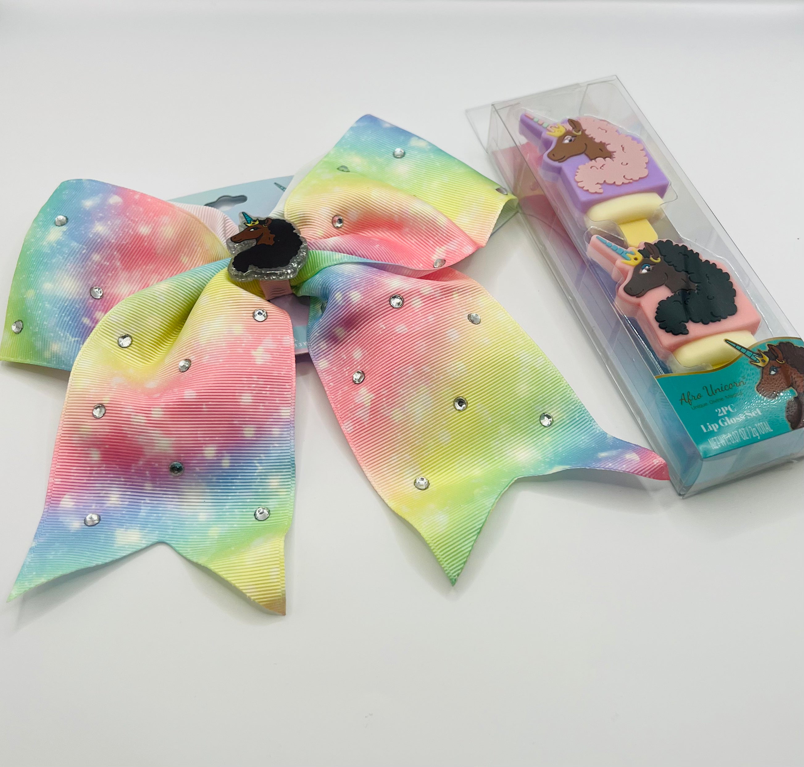Afro Unicorn Ombré Sparkle Bow and Character Lip Gloss