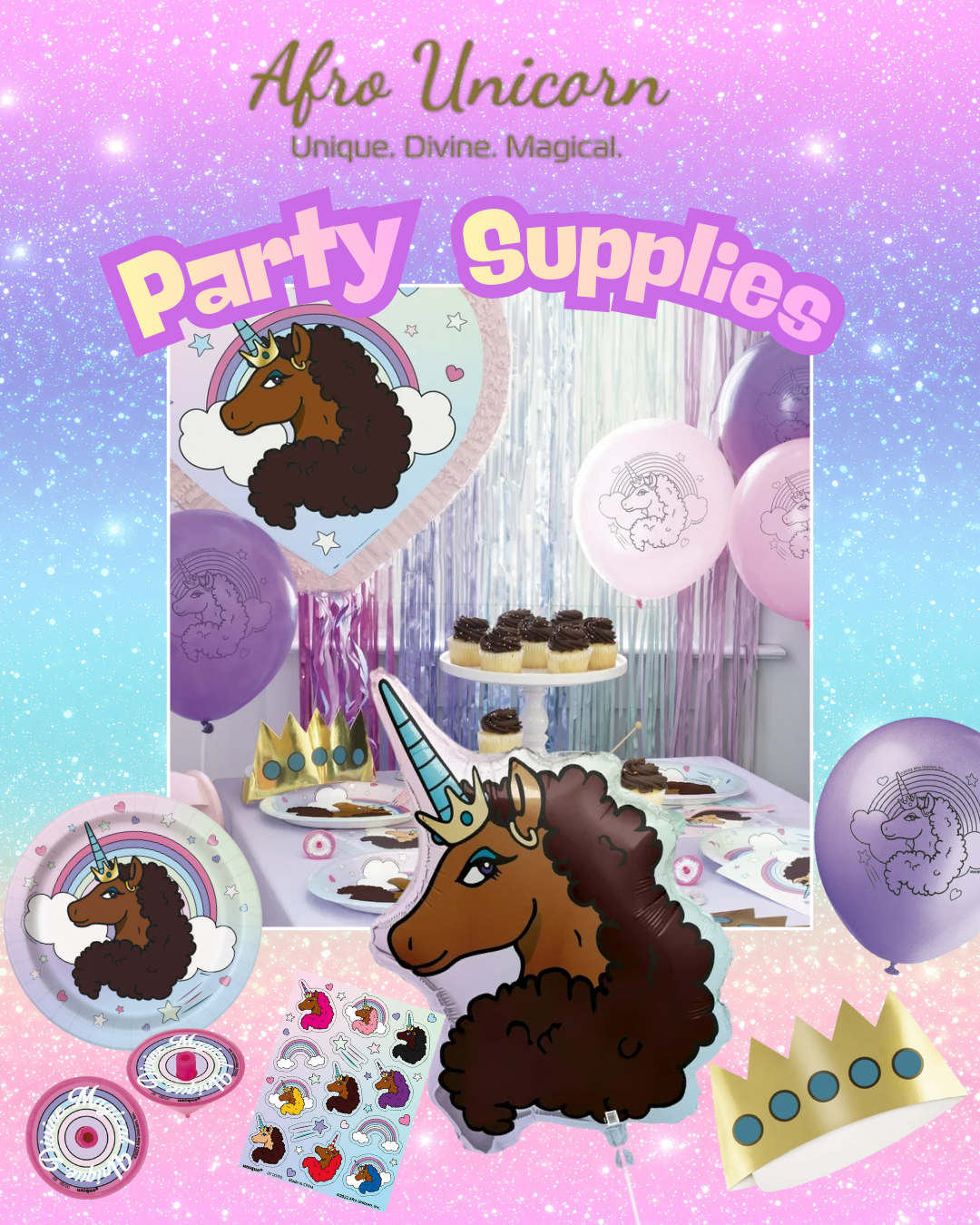 Afro Unicorn® Party Decorations Set – Unicorn Birthday Party Supplies for Girls