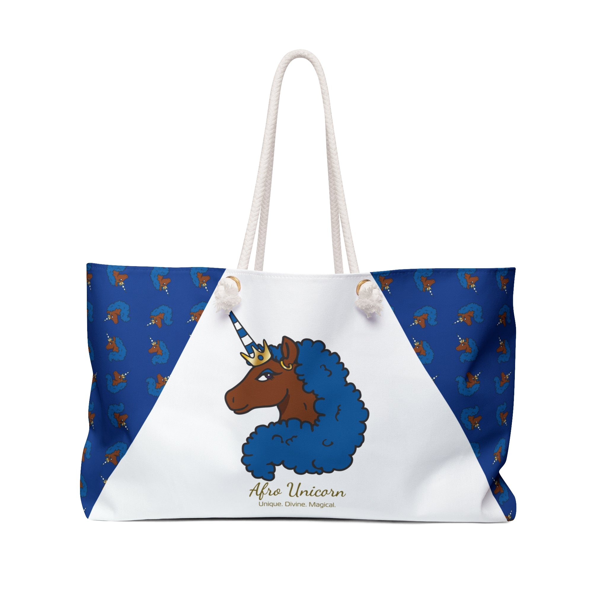 Afro Unicorn Royal Blue & Pure White Weekender Bag — D9 Pride Zeta Love