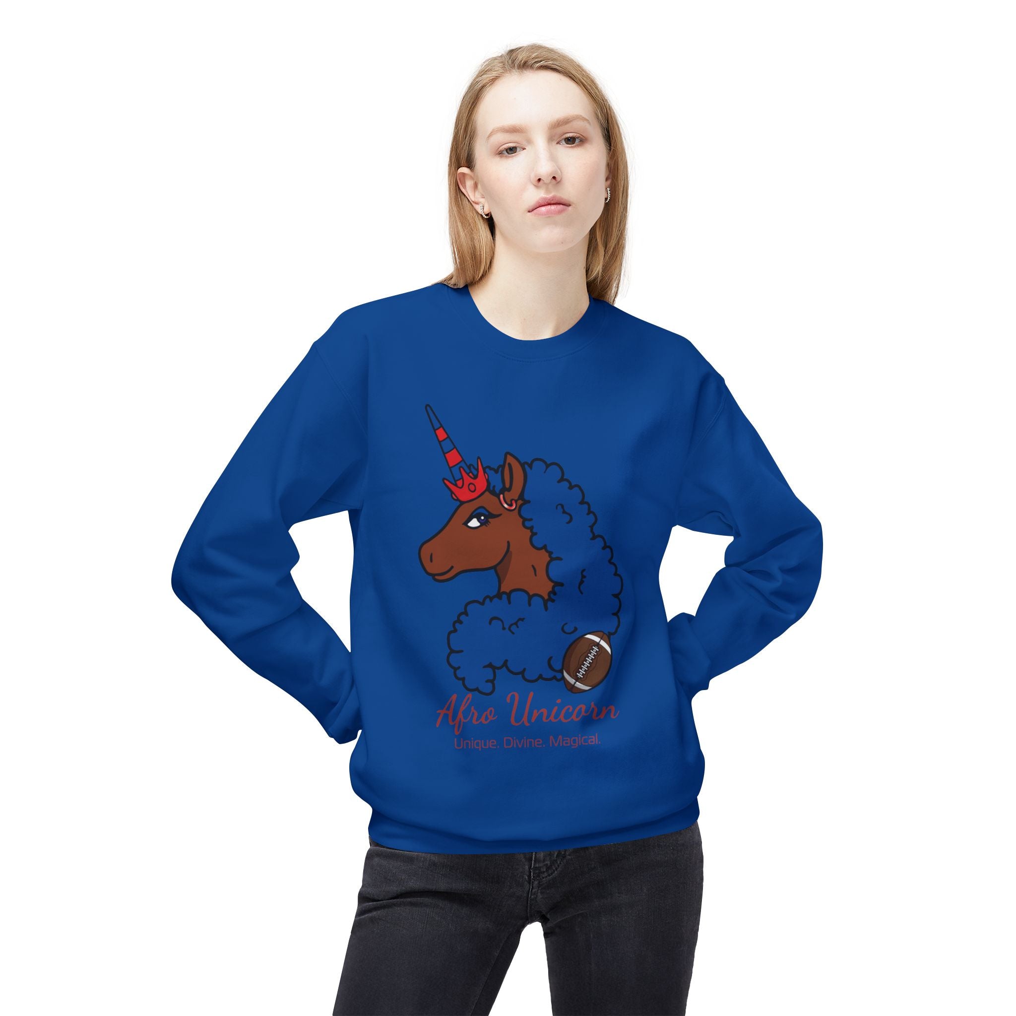 Afro Unicorn Fan Favs Sweatshirt – Buffalo Royal Blue & Red