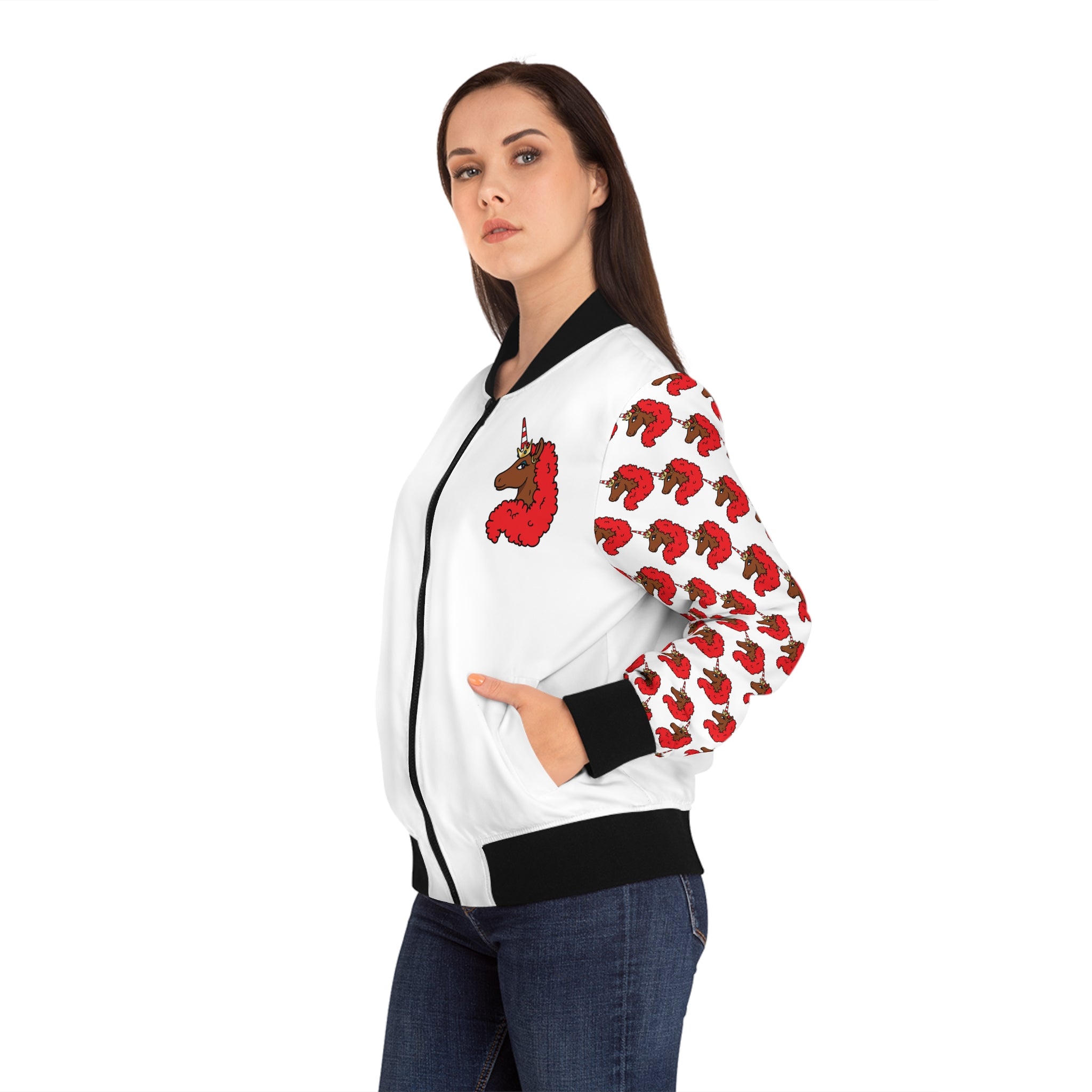 Afro Unicorn Crimson & Cream Women's Bomber Jacket — Lightweight
