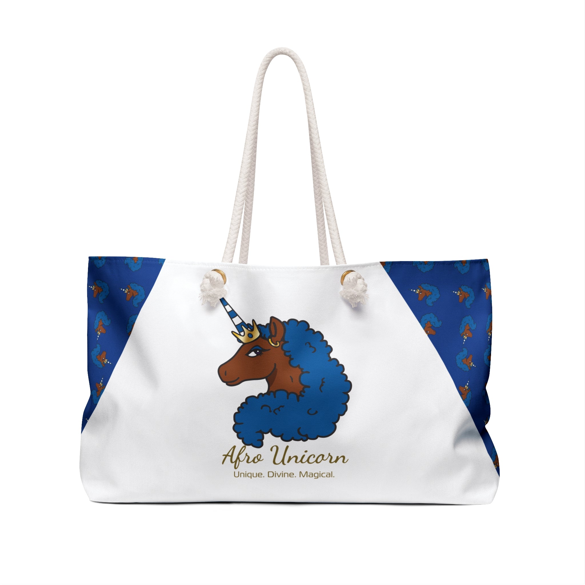 Afro Unicorn Royal Blue & Pure White Weekender Bag — D9 Pride Zeta Love
