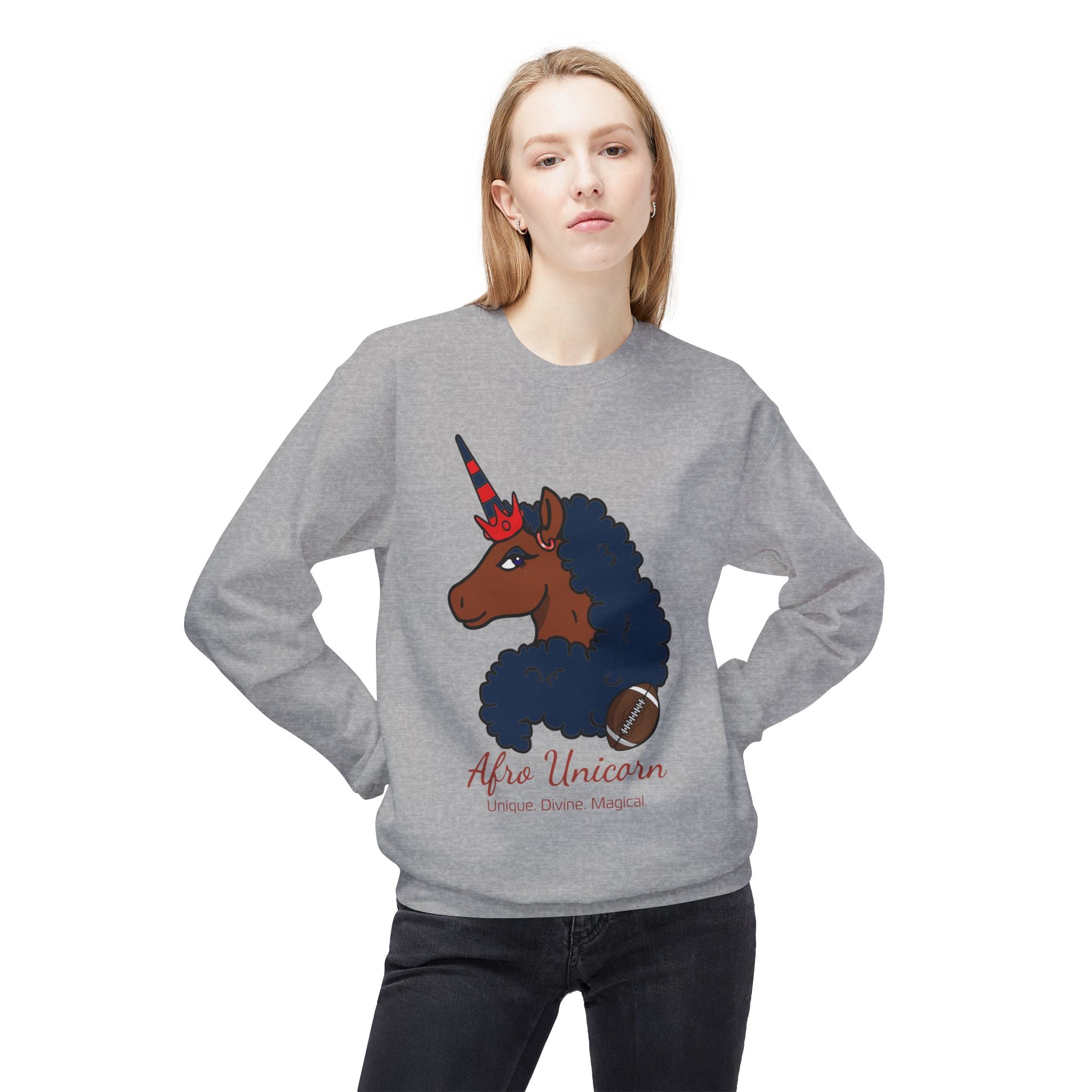 Afro Unicorn Fan Favs Sweatshirt – New England Navy & Red