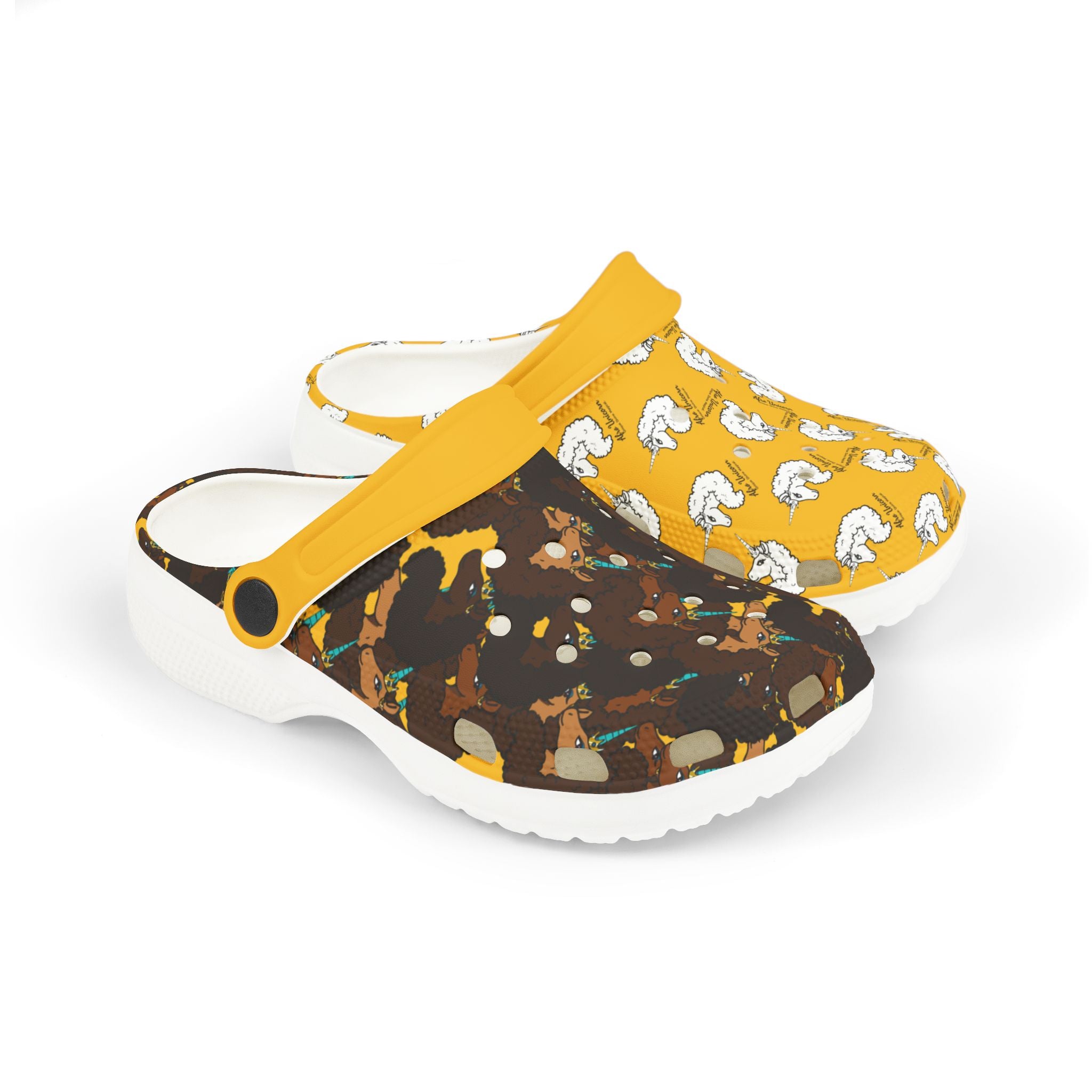 Kid's Foam Clogs - Mismatched Afro Unicorn Yellow Design