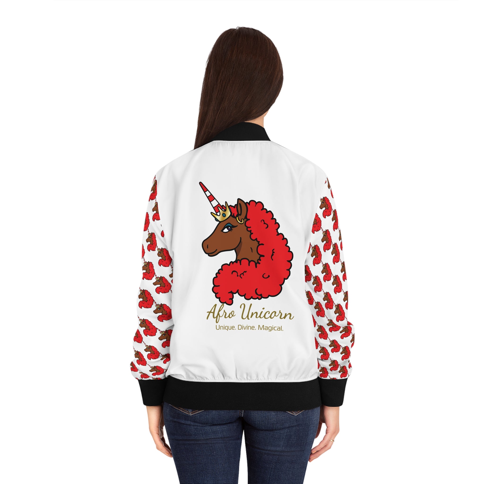 Afro Unicorn Crimson & Cream Women's Bomber Jacket — Lightweight