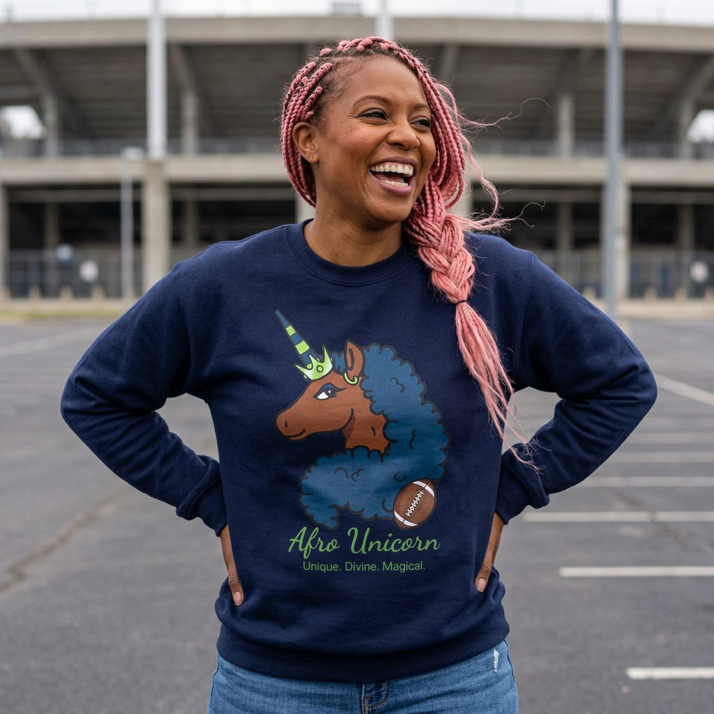 Afro Unicorn Fan Favs Sweatshirt – Seattle Navy & Green