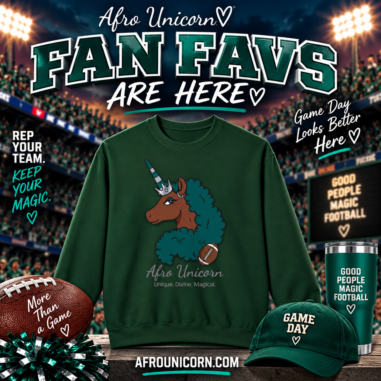 Afro Unicorn Fan Favs Sweatshirt – Philadelphia Midnight Green & Silver