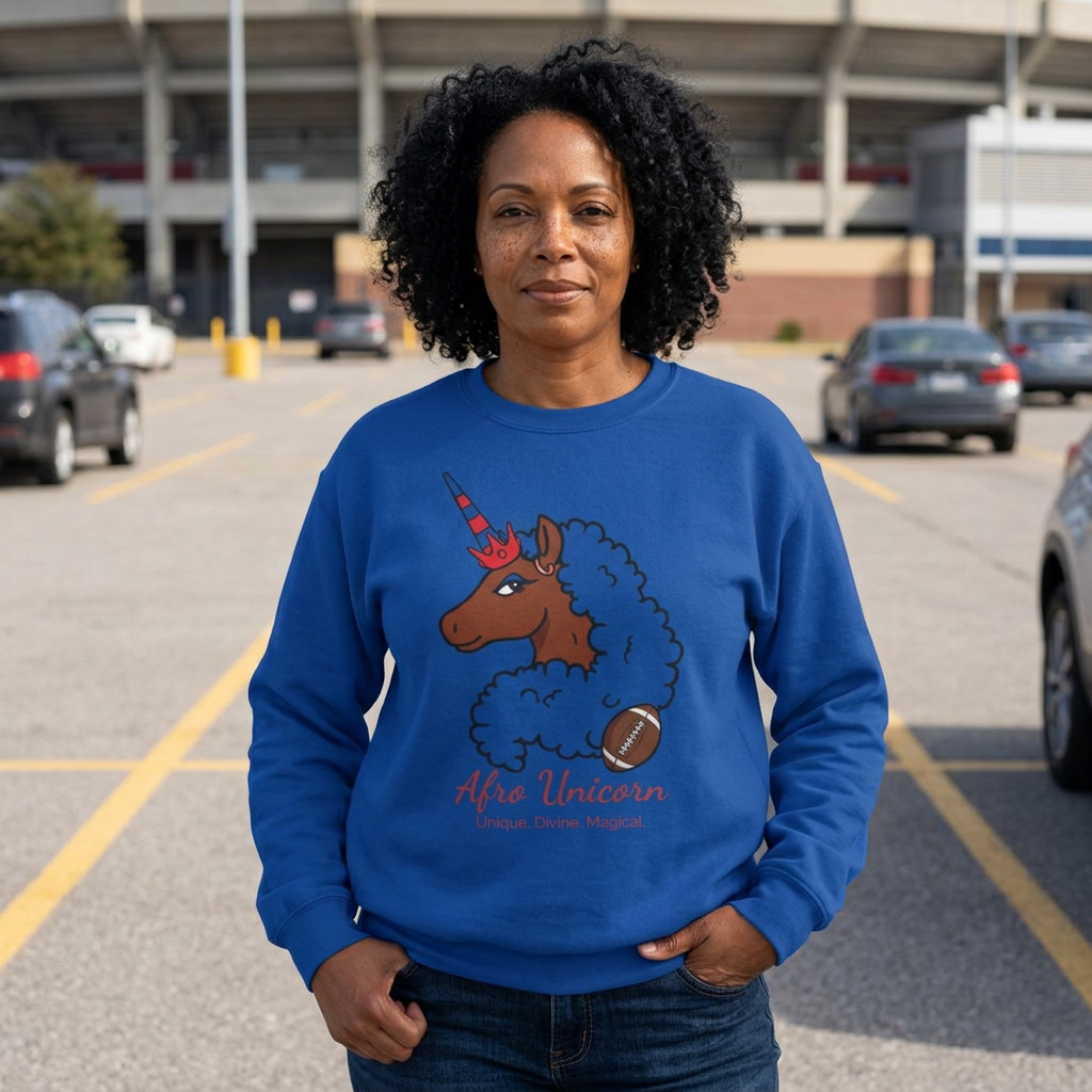 Afro Unicorn Fan Favs Sweatshirt – Buffalo Royal Blue & Red