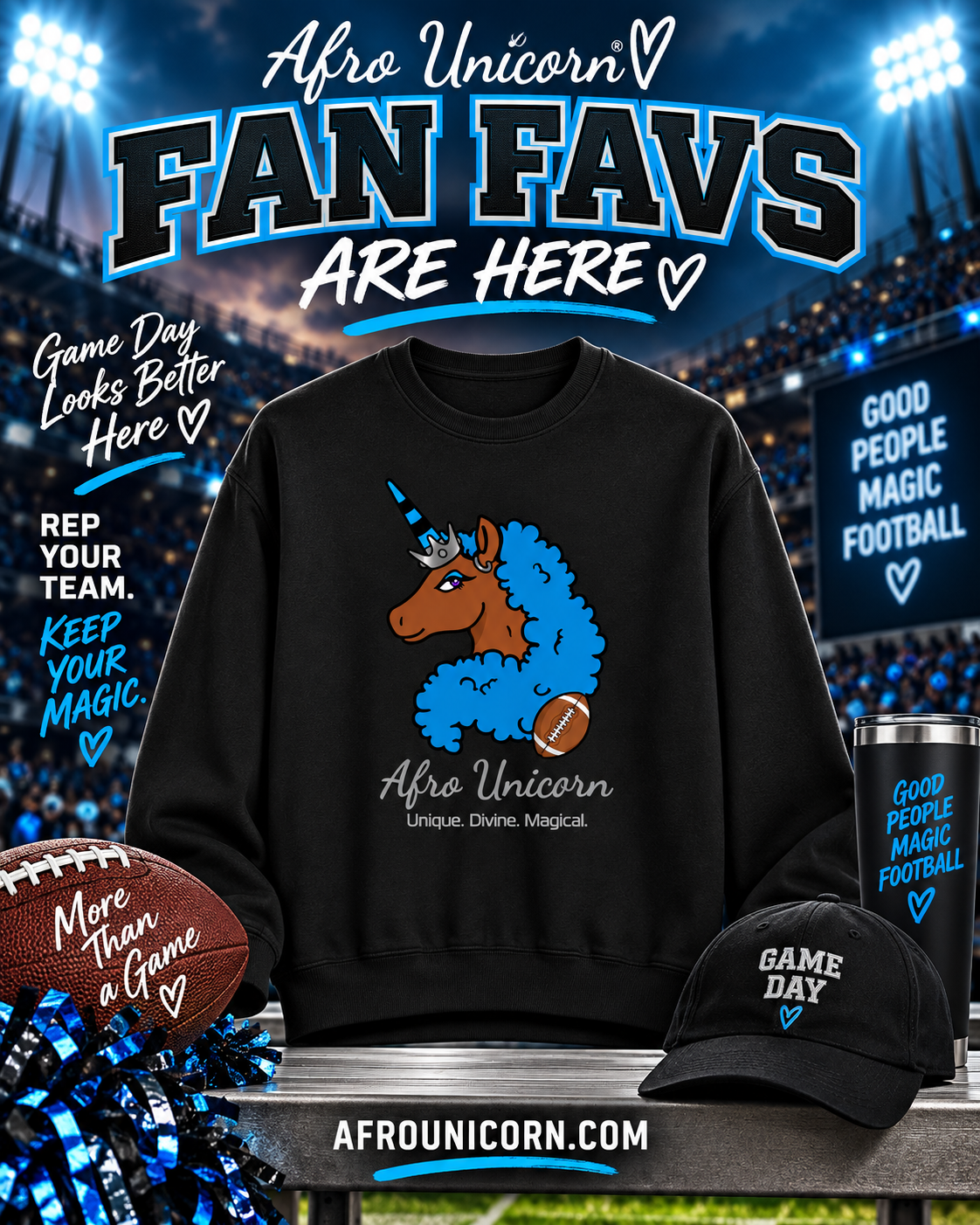 Afro Unicorn Fan Favs Sweatshirt – Carolina Blue & Black
