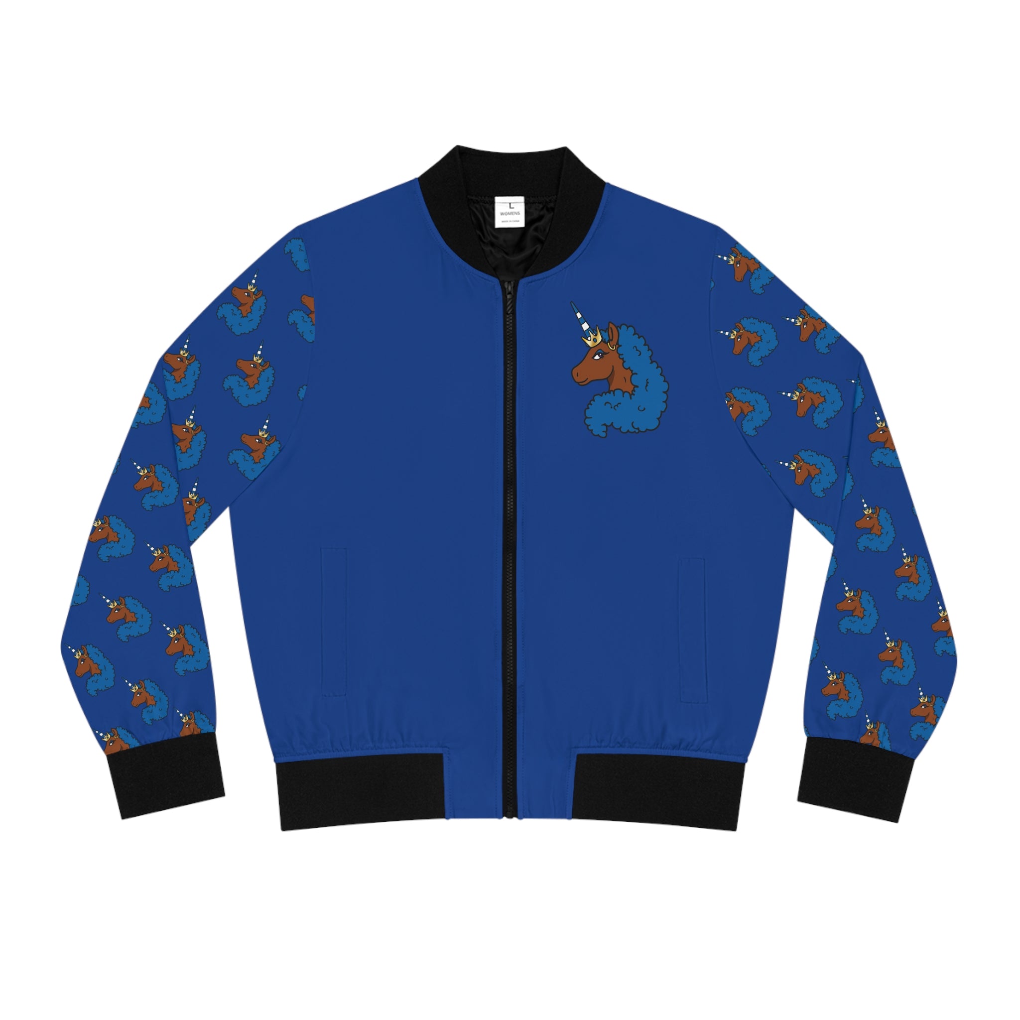 Afro Unicorn Royal Blue & White Women's Bomber Jacket — Lightweight