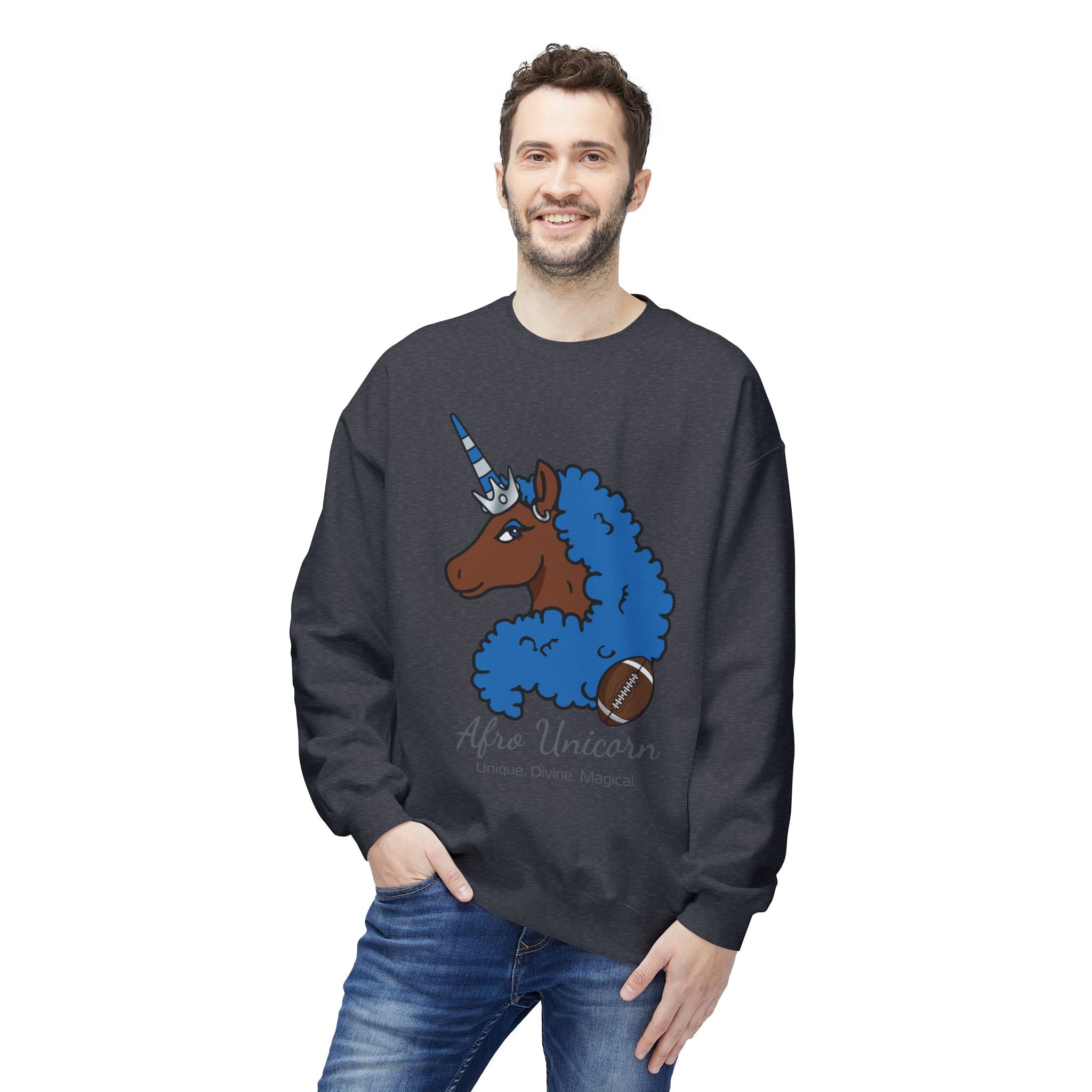 Afro Unicorn Fan Favs Sweatshirt – Detroit Honolulu Blue & Silver