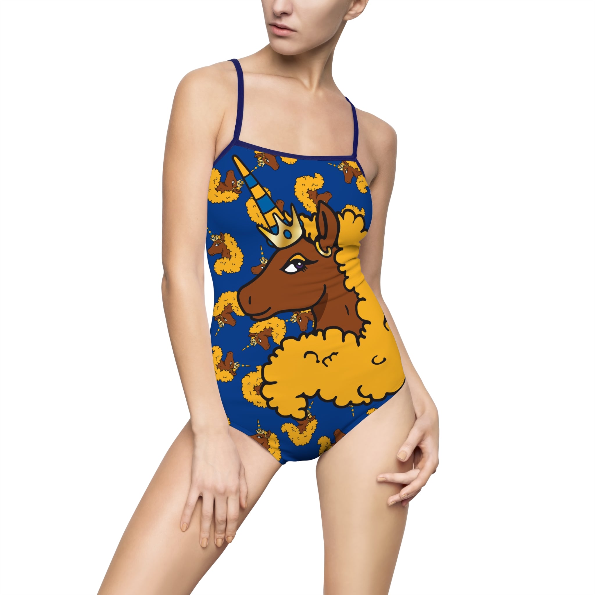 One-piece Swimsuit Afro Unicorn Blue & Gold
