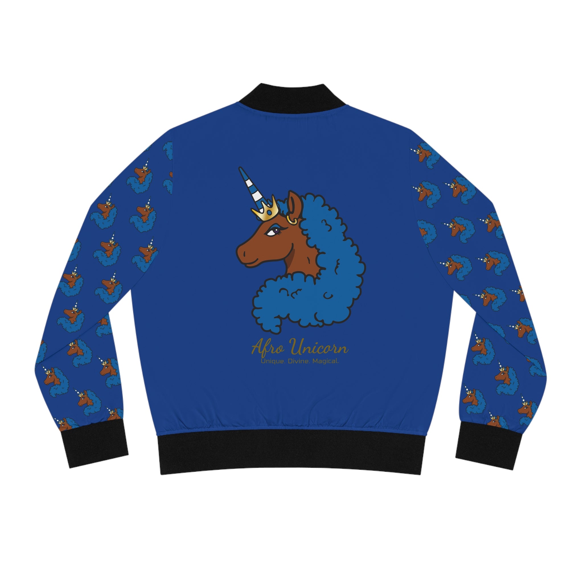 Afro Unicorn Royal Blue & White Women's Bomber Jacket — Lightweight