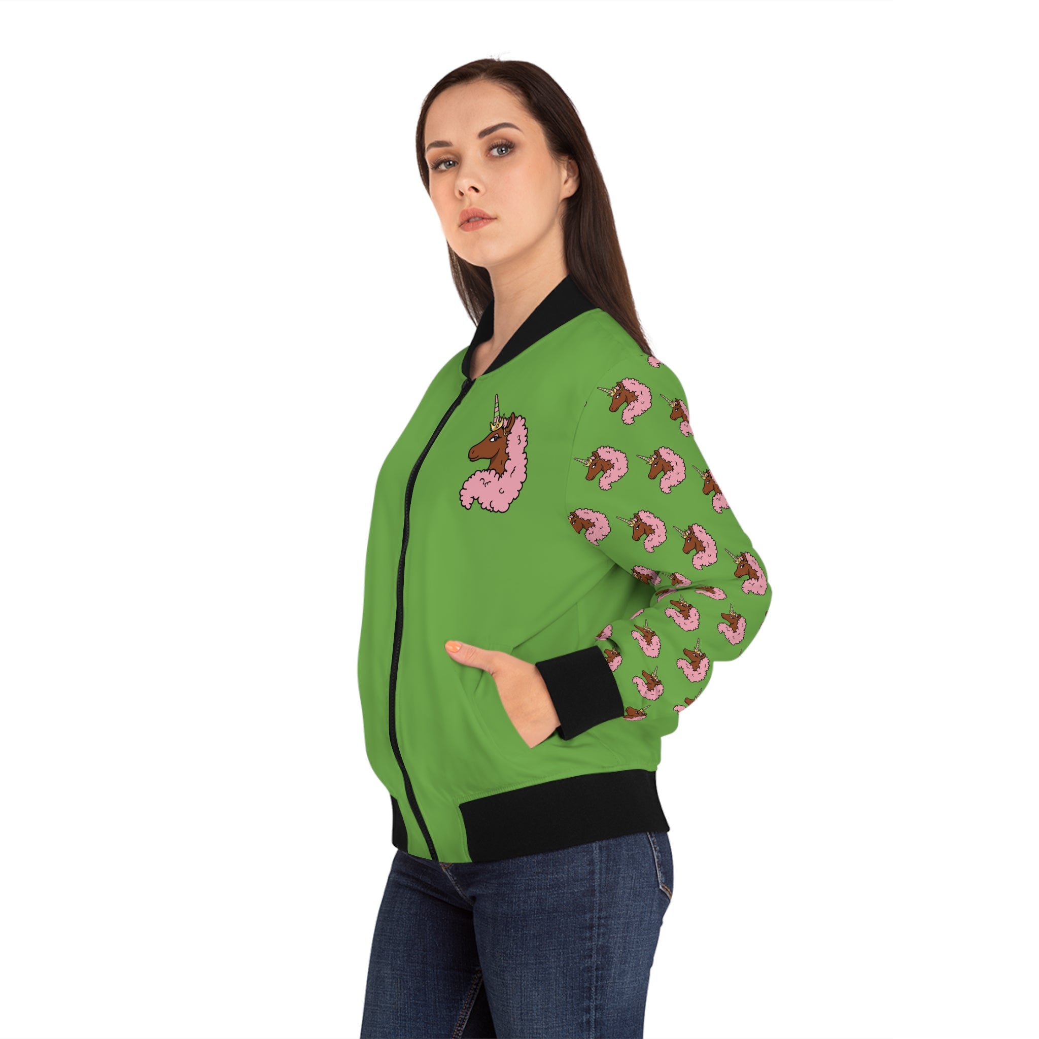Afro Unicorn Pink & Green Women's Bomber Jacket — Lightweight
