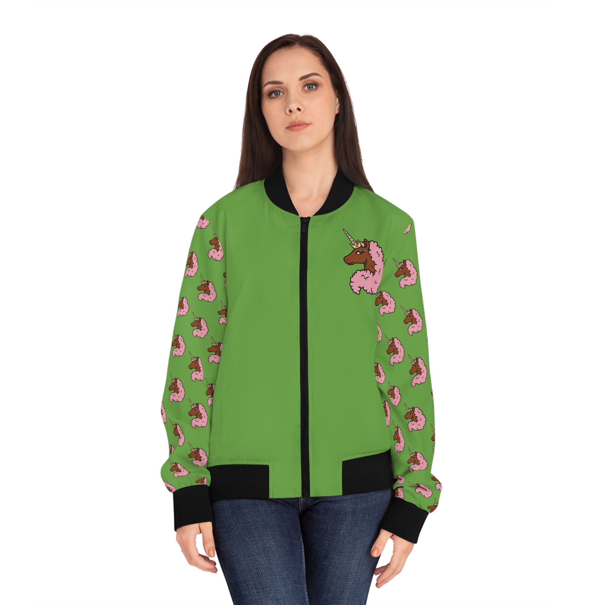 Afro Unicorn Pink & Green Women's Bomber Jacket — Lightweight