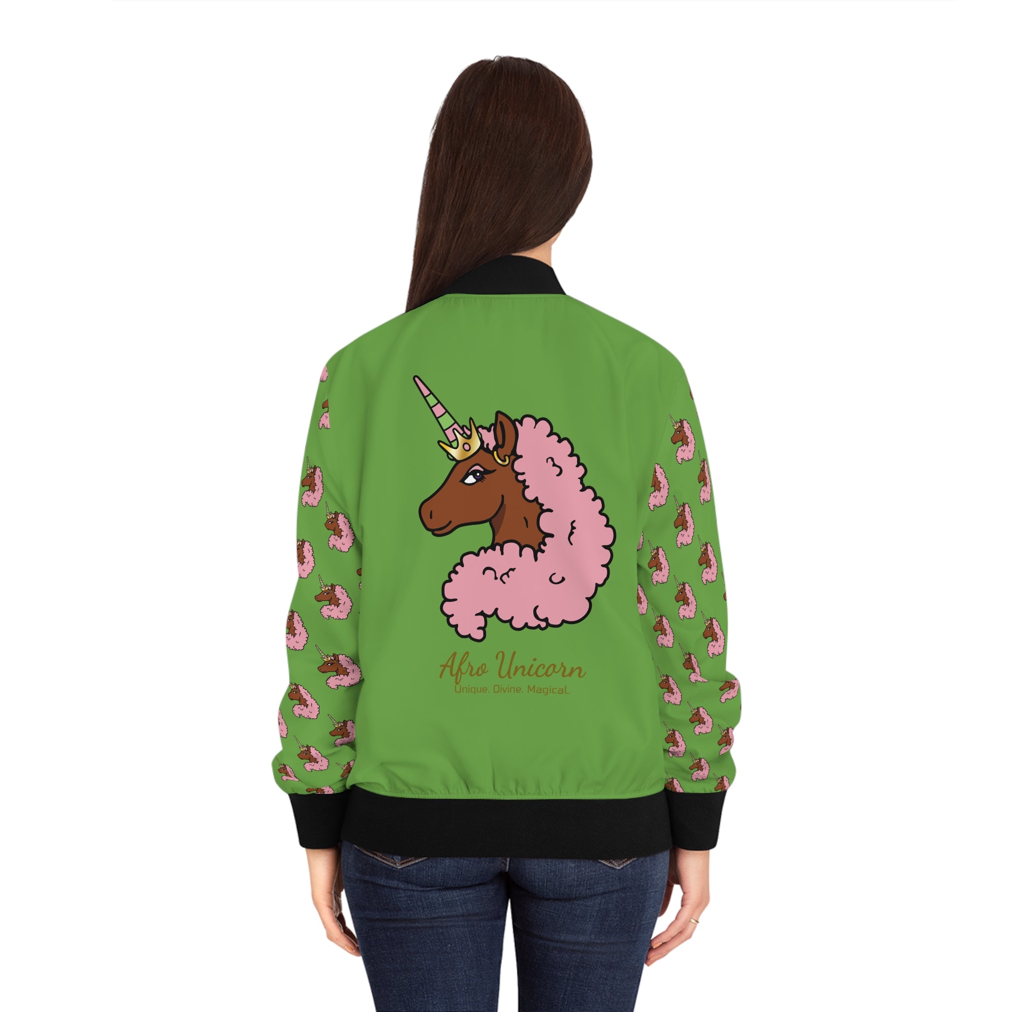 Afro Unicorn Pink & Green Women's Bomber Jacket — Lightweight