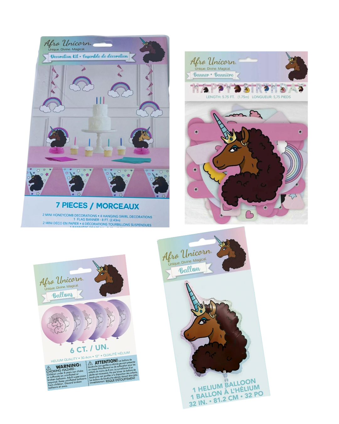 Afro Unicorn Décor Balloon Kit – 4-Piece Unicorn Birthday Decoration Bundle (Latex & Foil Balloons)