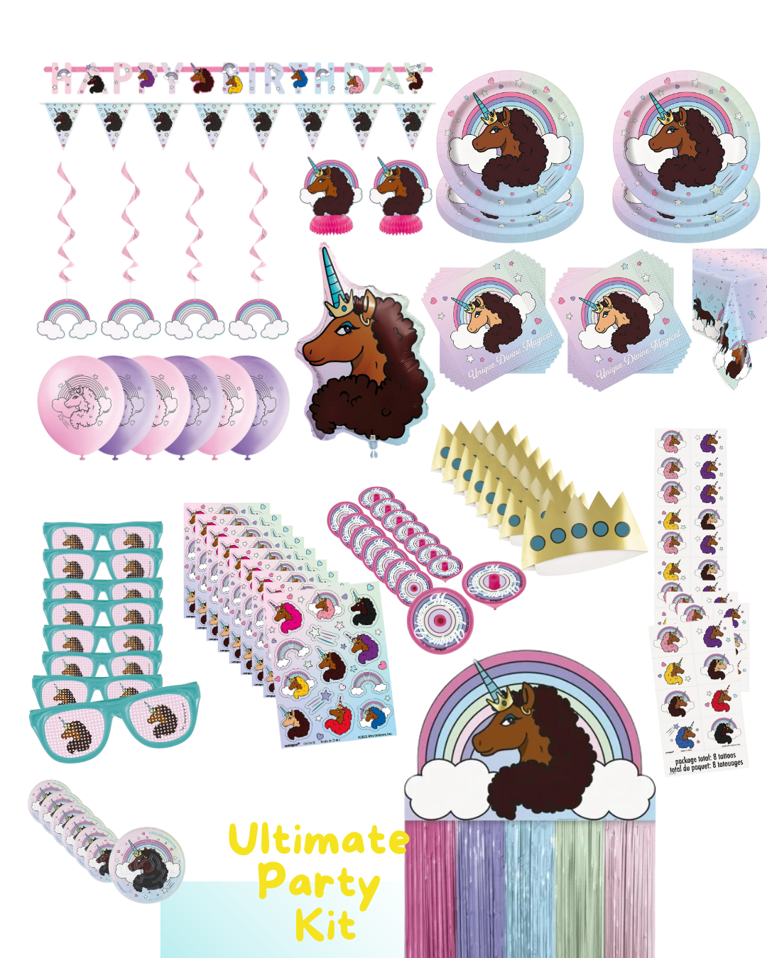 Afro Unicorn Ultimate Party Kit – Complete Unicorn Birthday Party Supplies for Girls (Up to 16 Guests)