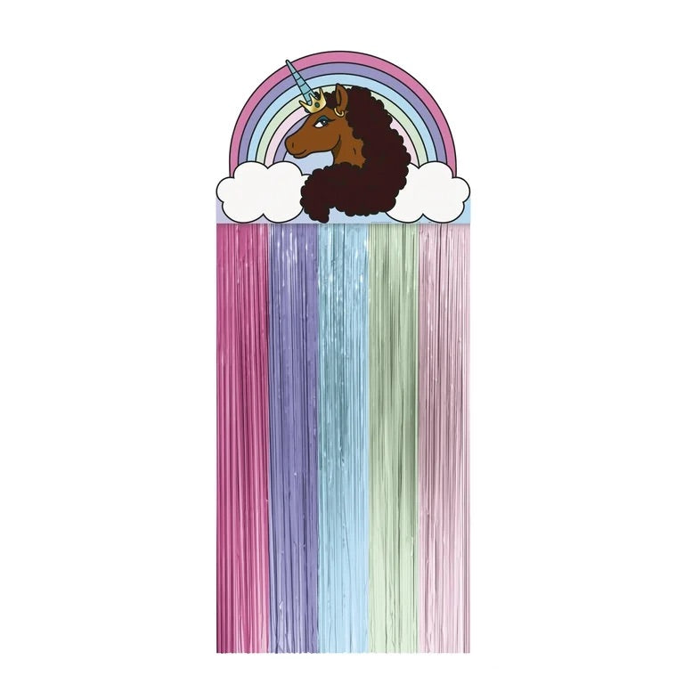 Afro Unicorn® Door Fringe Curtain – Rainbow Unicorn Party Backdrop (29.5 in x 66.4 in)