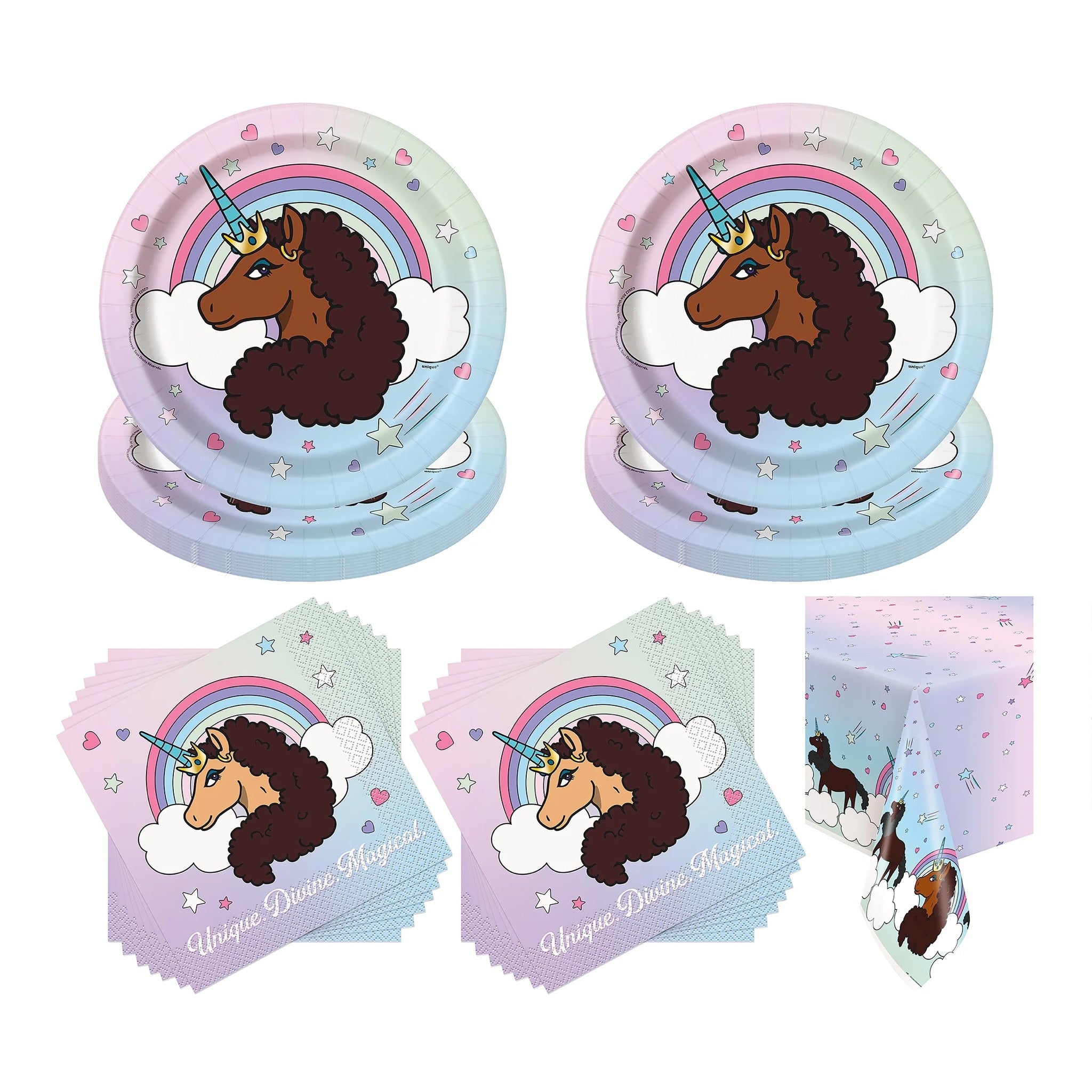 Afro Unicorn® Tableware Set – 5-Piece Unicorn Birthday Party Supplies (Plates, Napkins & Tablecover)